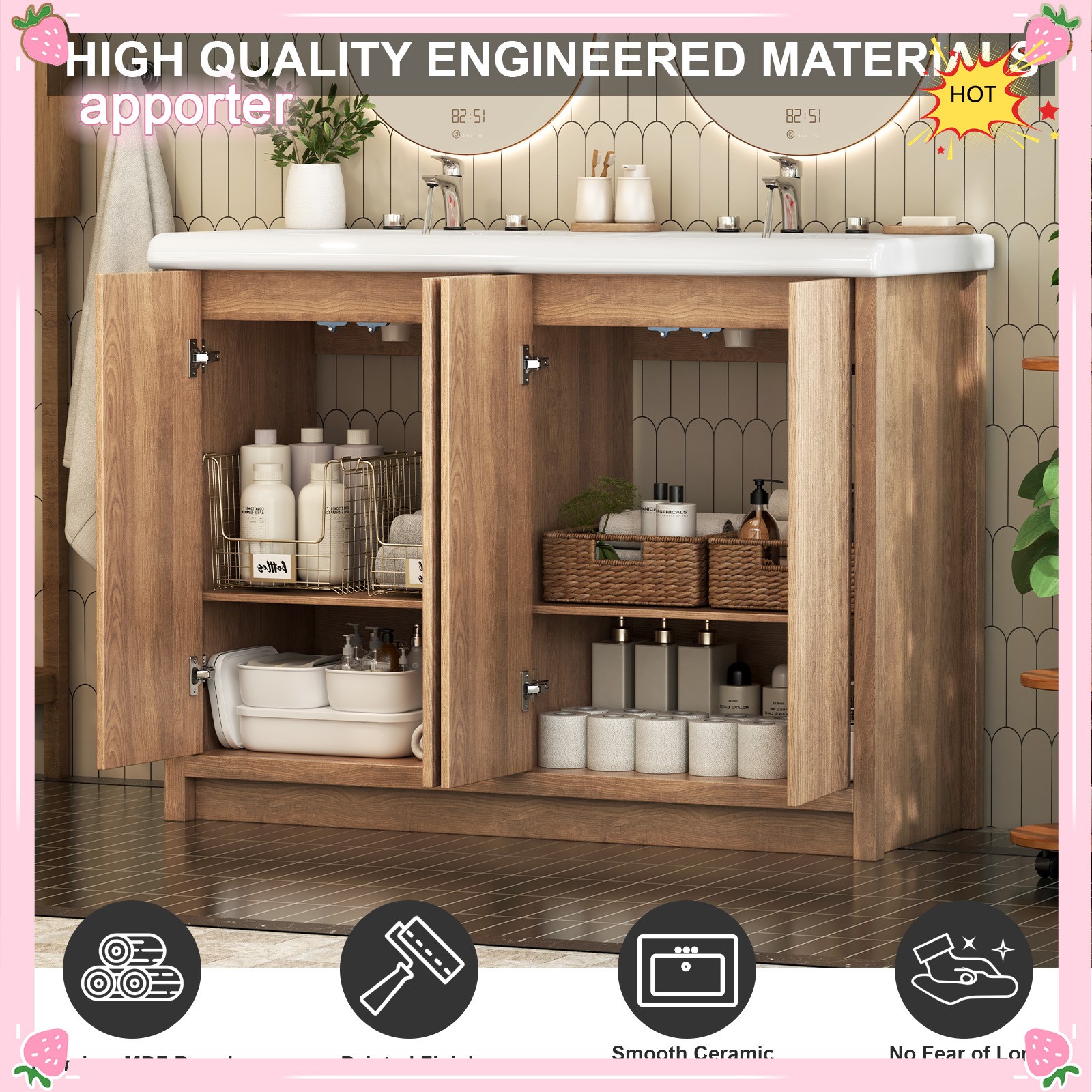 47.3″ Double Sink Bathroom Vanity Wood Grain Modern 2 Basin Storage Cabinet NEW