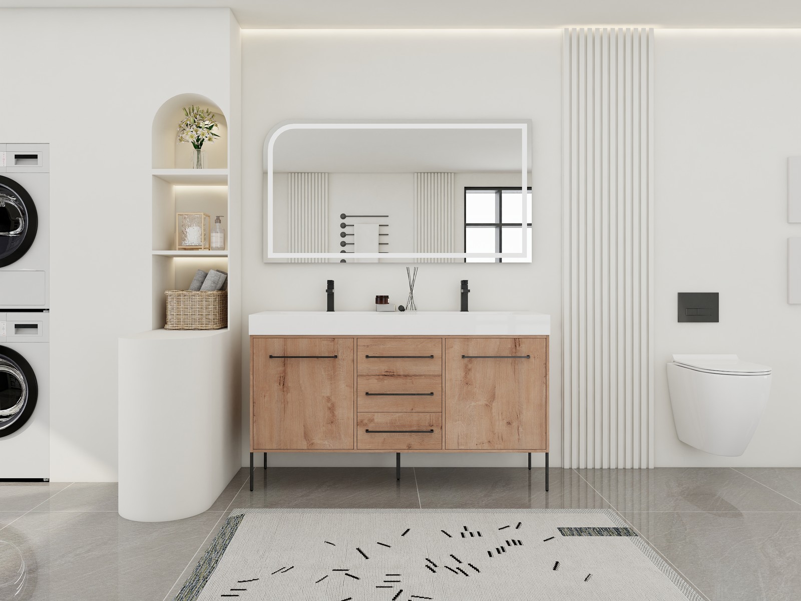 60 in Freestanding Bathroom Vanity White Double Resin Sink 2 Doors 3 Drawers