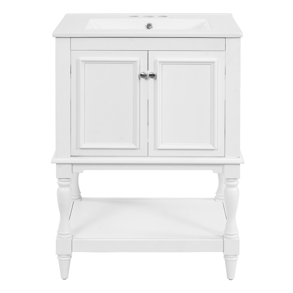 24″ Modern Bathroom Vanity w/ Ceramic Sink & Storage, White