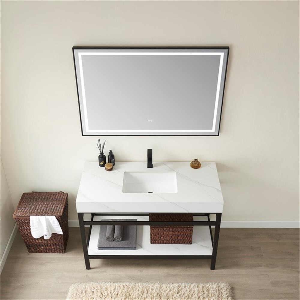 Funes 48″ Single Sink Bathroom Vanity in Matte Black Frame White Top w/ Mirror