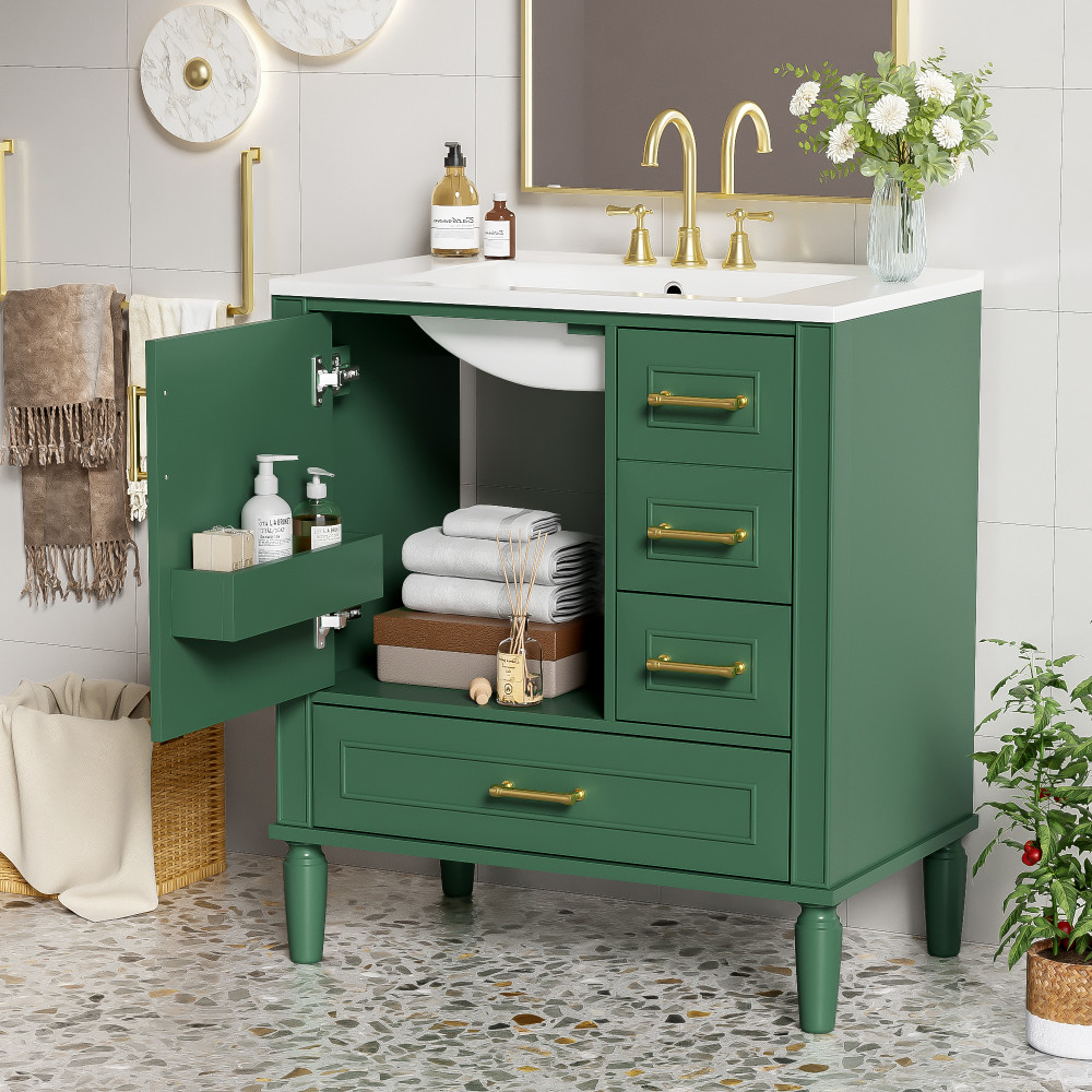 30″ Green Bathroom Vanity Ceramic Sink Soft Close Door 3 Drawers Storage Cabinet