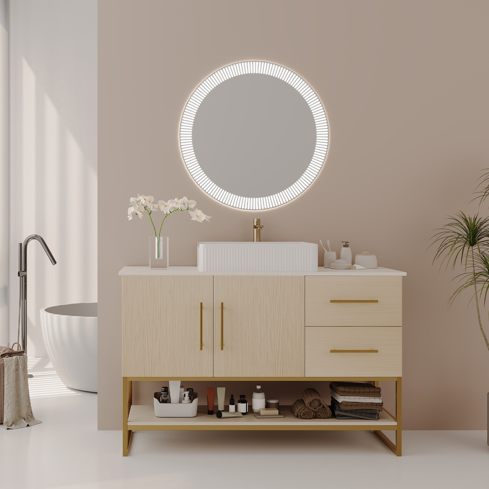 47.2″ Bathroom Vanity with Ceramic Sink, Gold Accent, White Oak