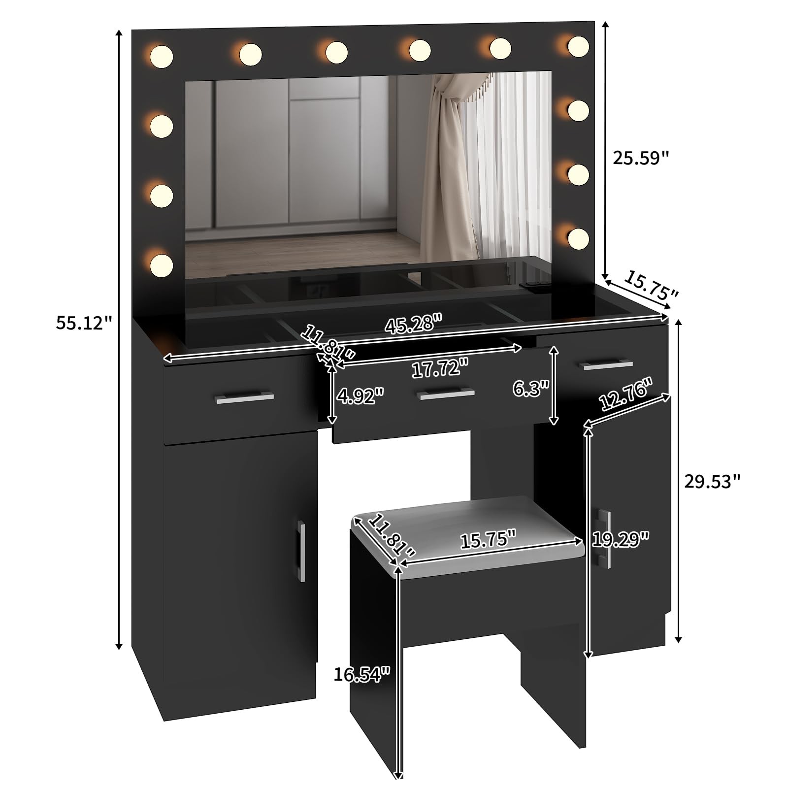 Makeup Vanity Mirror Light Charger 2 Cabinet 3 Drawer Glass Top Stool 3 Colors