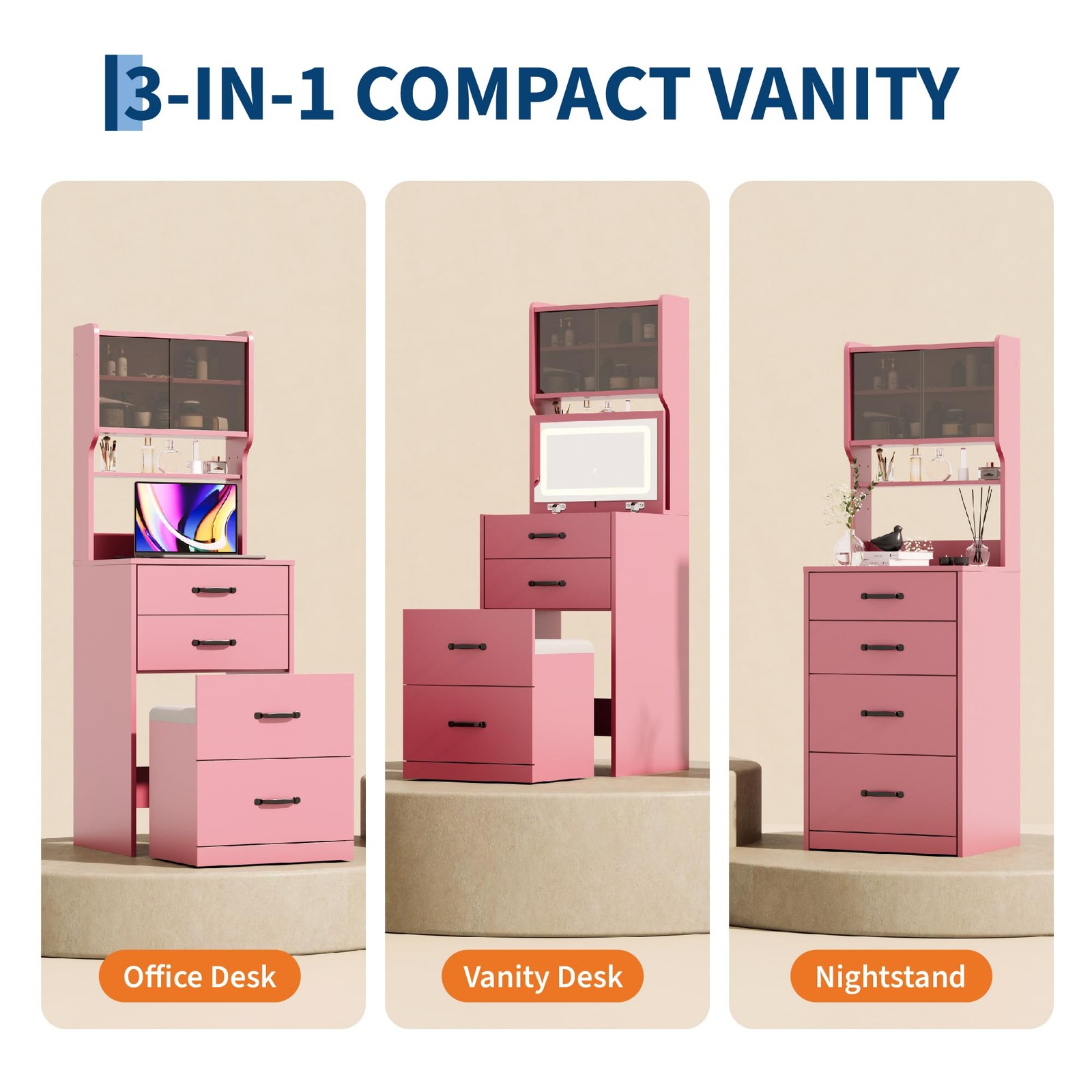3-in-1 Compact Makeup Vanity Desk with Turnover Top Mirror