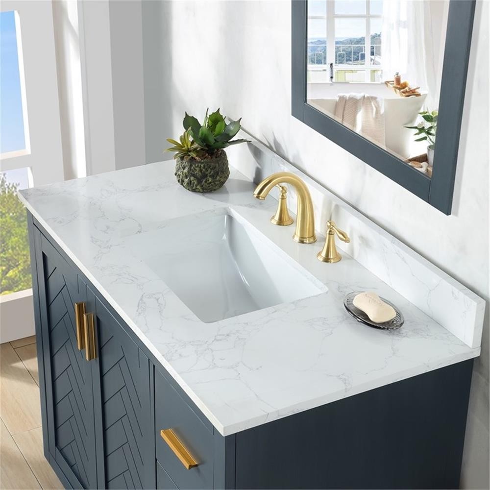 Pemberly Row 42″ Charcoal Blue Wood Vanity w/ Composite Stone Top without Mirror