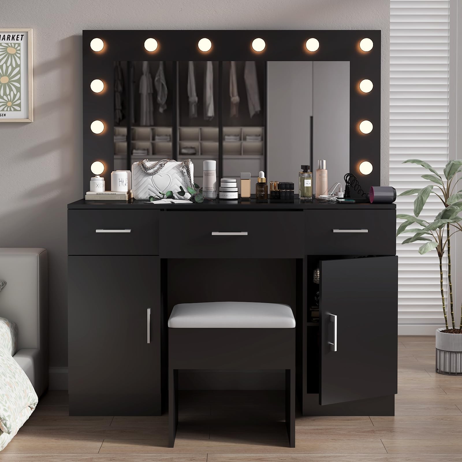 Makeup Vanity Mirror Light Charger 2 Cabinet 3 Drawer Glass Top Stool 3 Colors