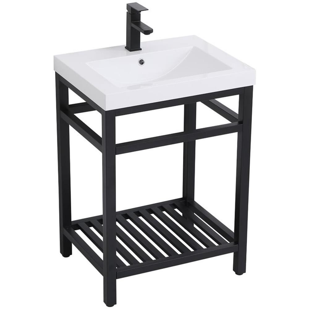 Pemberly Row 24″ Single Resin Top Metal Bathroom Vanity in Black