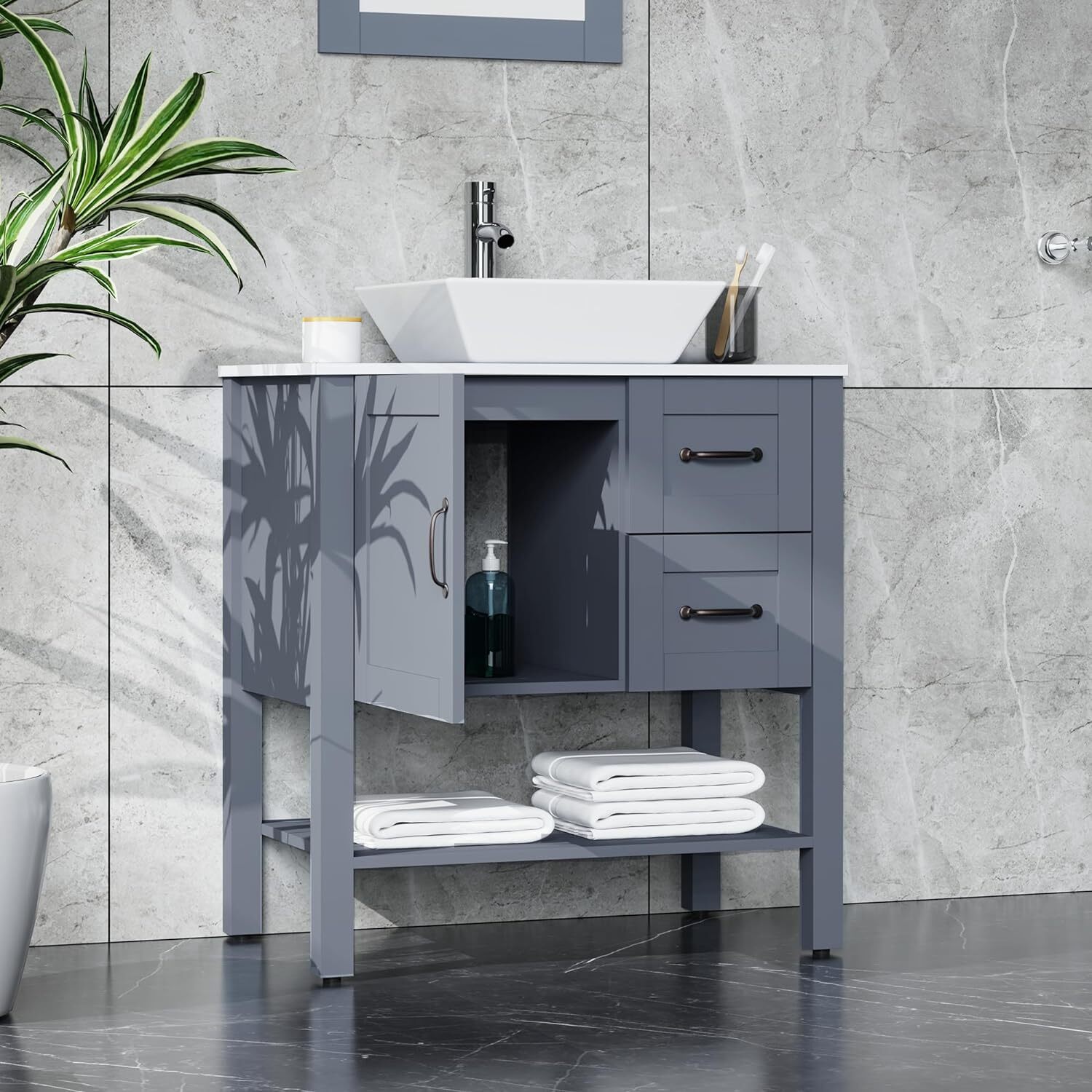 30″ Grey Bathroom Vanity and Sink Combo Marble Pattern Top w/Mirror Faucet&Drain