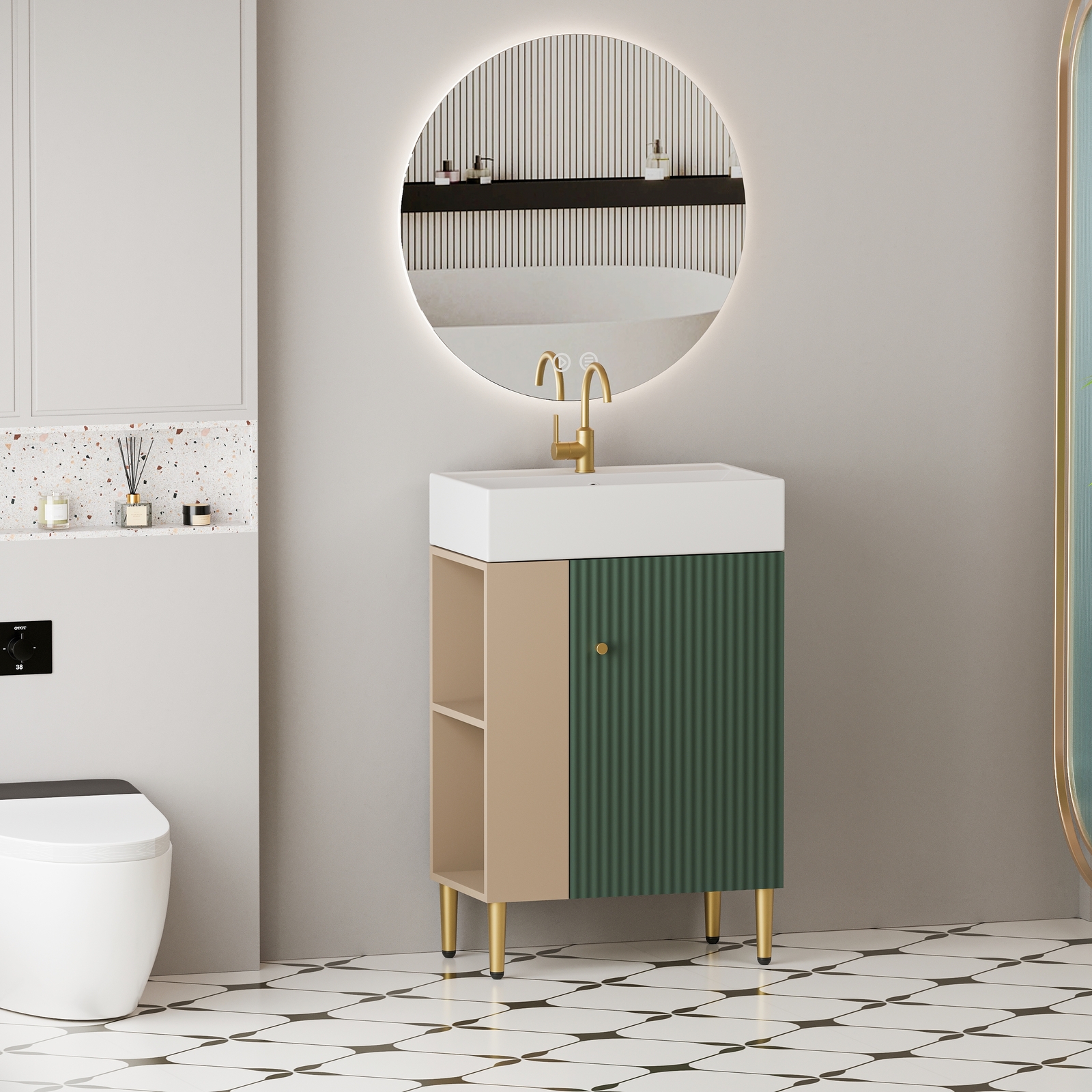 21.6″Modern Bathroom Vanity with Ceramic Sink Storage Cabinet W/ Door Open Shelf