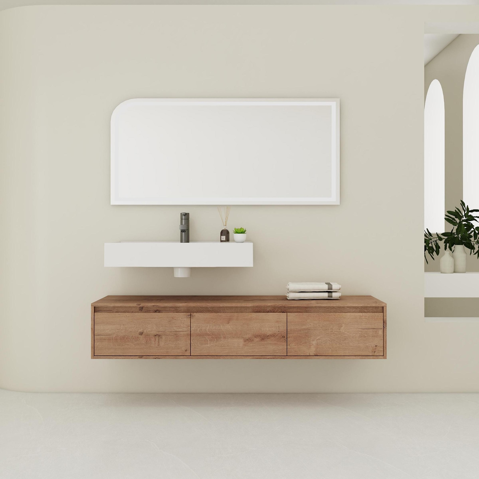 60″ Wood Wall Mount Bathroom Vanity Resin Sink Floating Vanity Sink Vessel Sink
