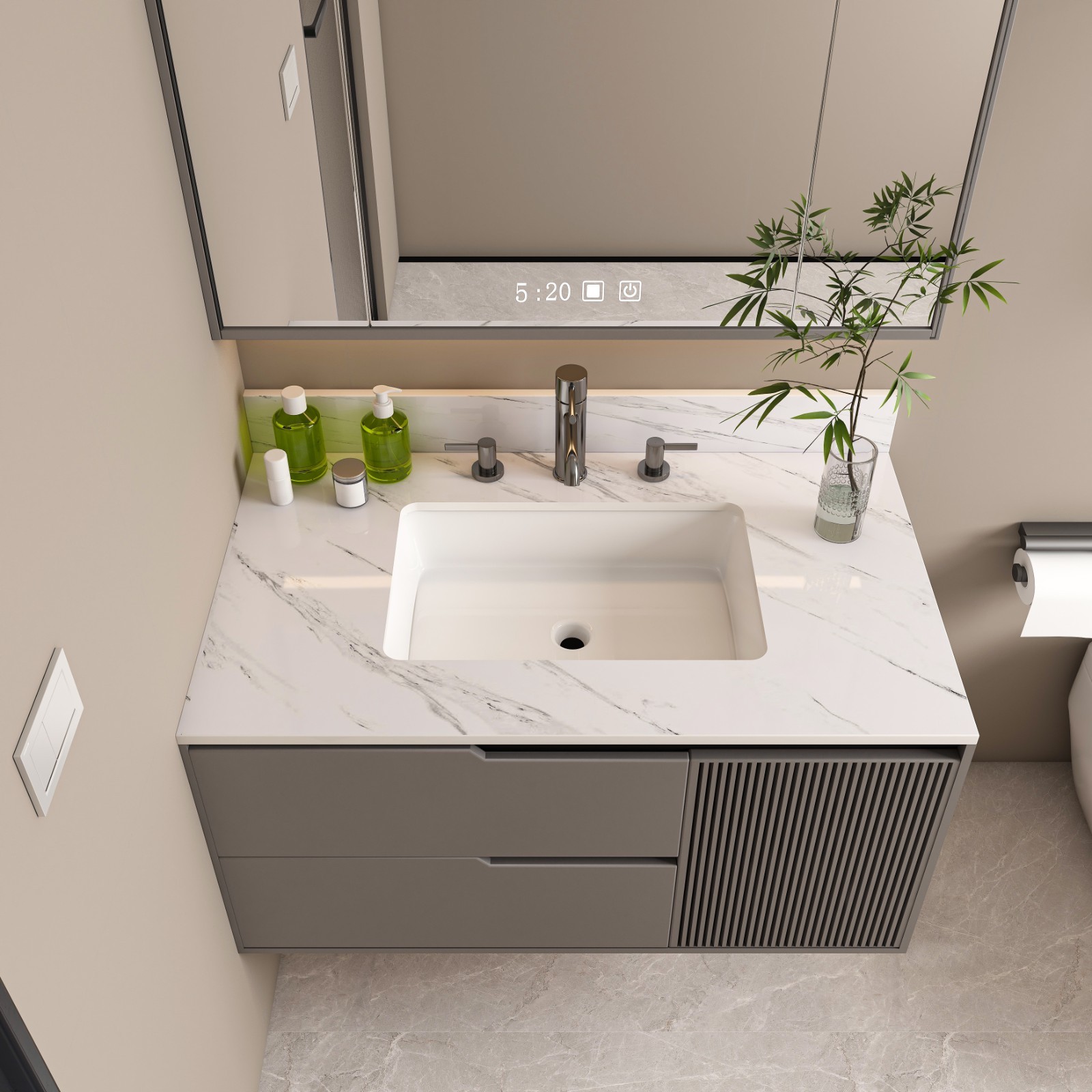 37″ White Marble Vanity Top w/ Undermount Sink, 3 Holes, 4″ Backsplash