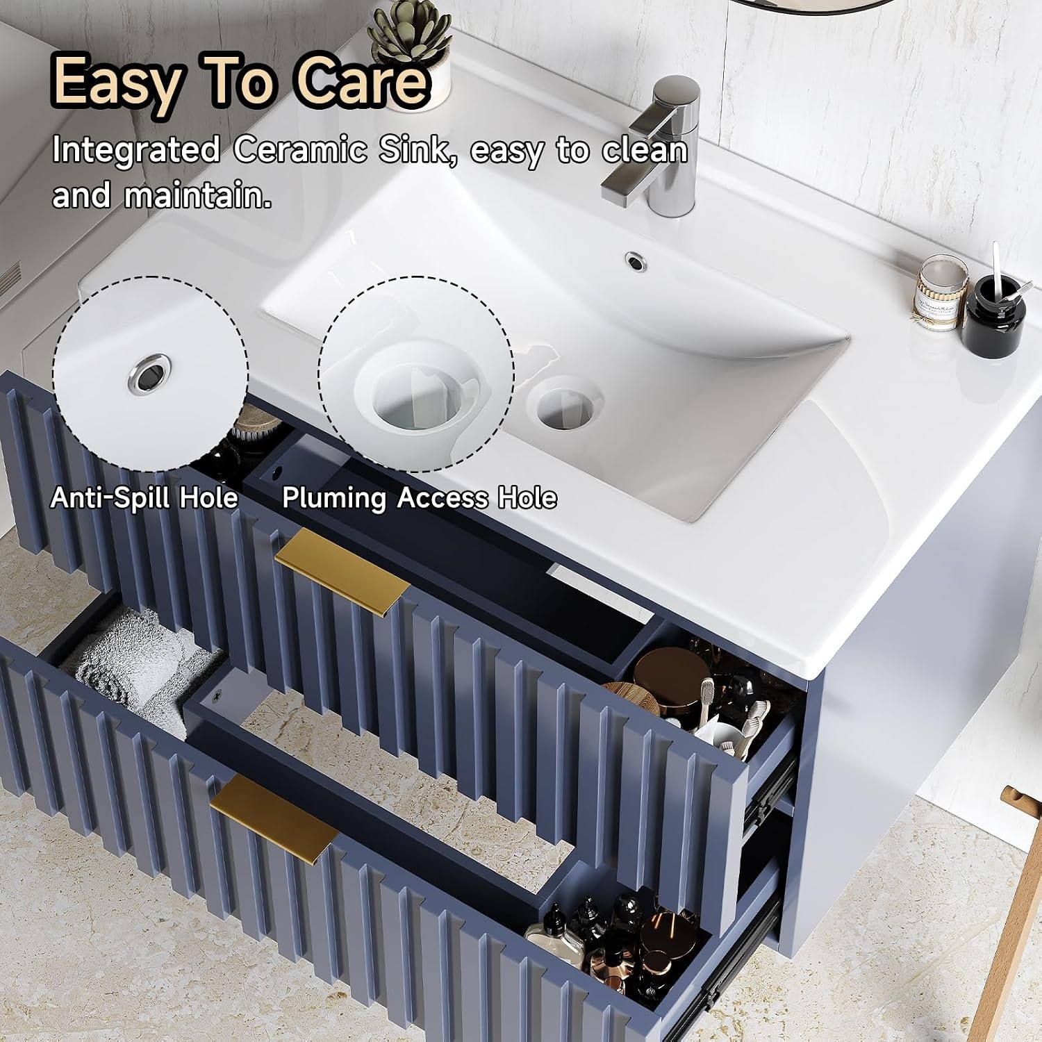 30 Inch Bathroom Vanity with Sink Combo Floating Bathroom Vanity with 2 Fluted