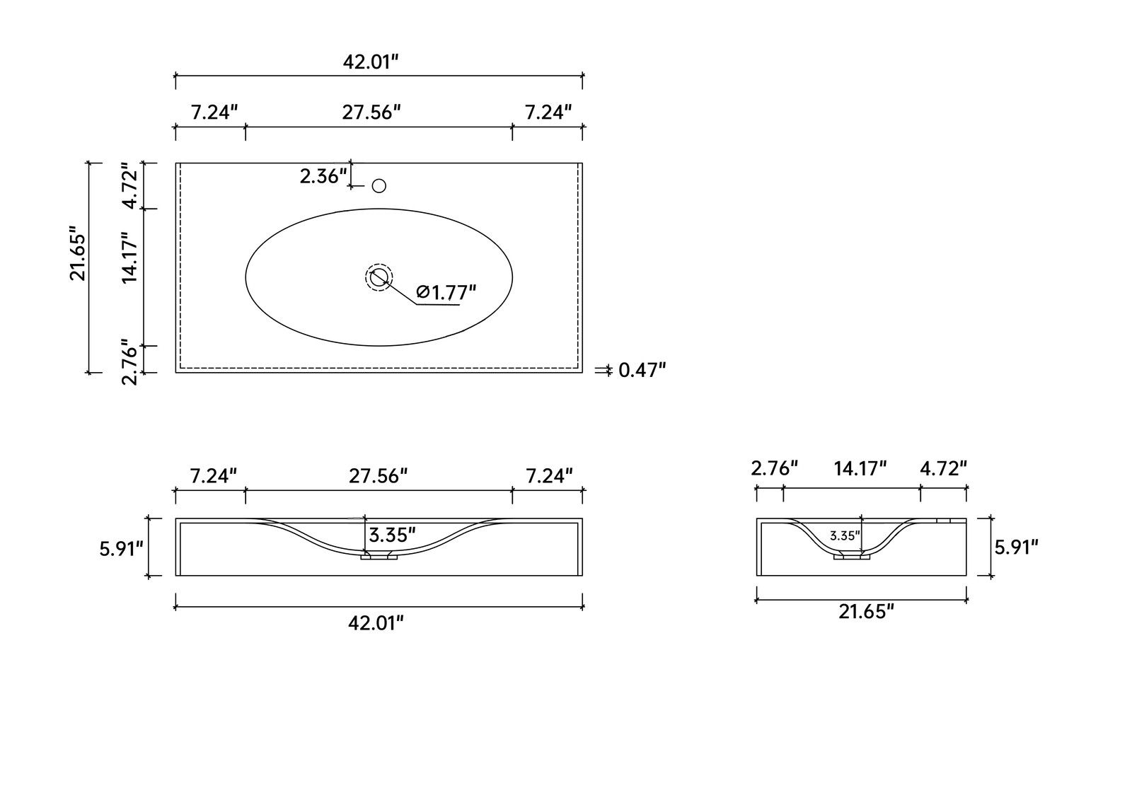 42″ Solid Surface Bathroom Vanity Basin, Matte White
