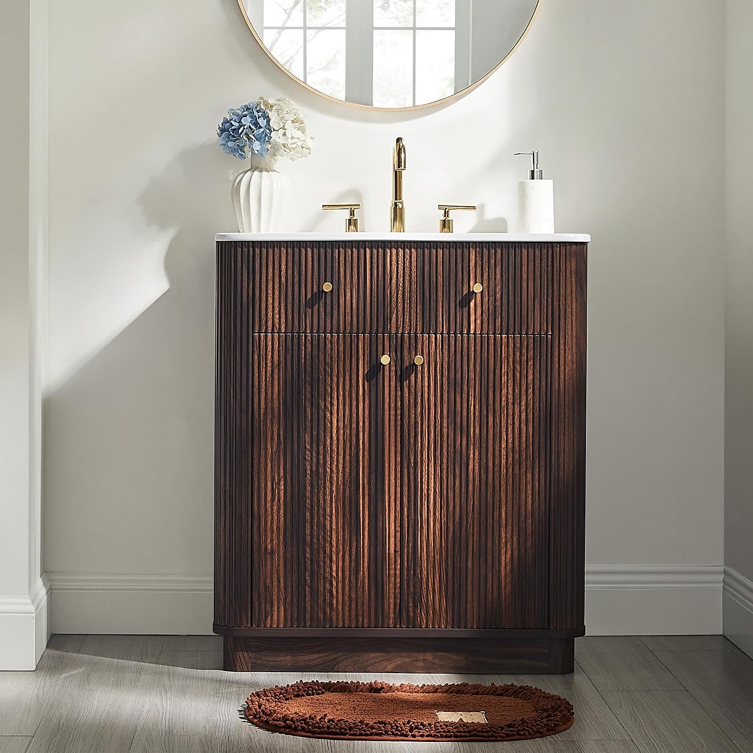 30″ Modern Fluted Bathroom Vanity W/ Sink Dark Walnut