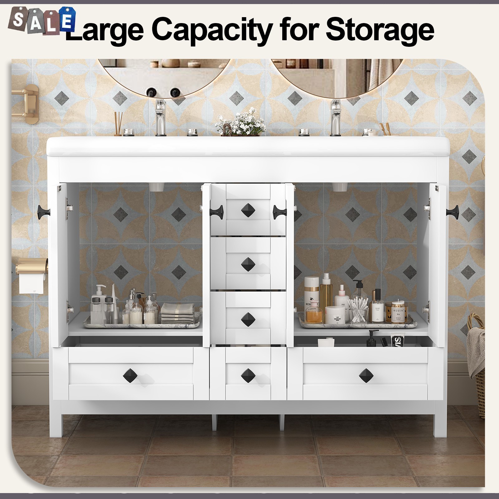 White Classic Bathroom Vanity Double Ceramic Sinks Freestanding With 5 Drawers