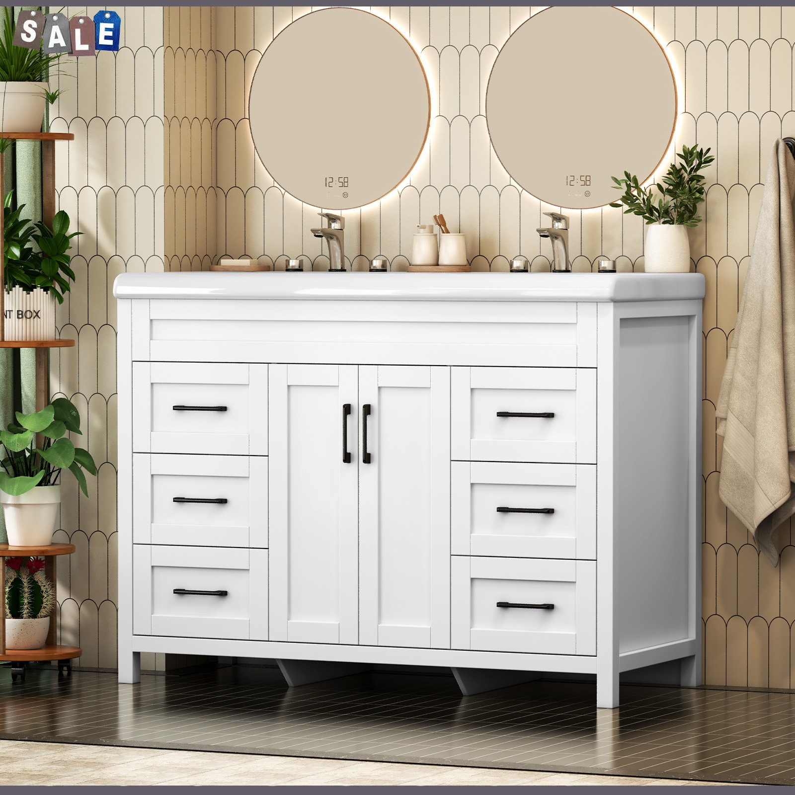 White Bathroom Vanity Double Sink Freestanding Cabinet with Storage Drawers