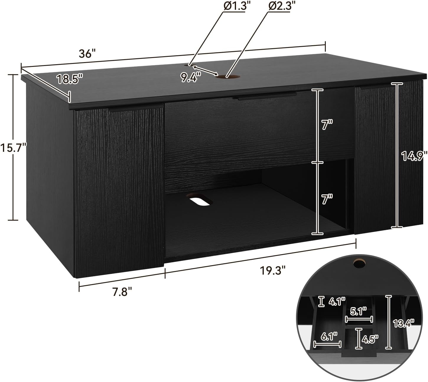36 Inch Black Floating Bathroom Vanity W/ 2-Doors & 1-Drawer