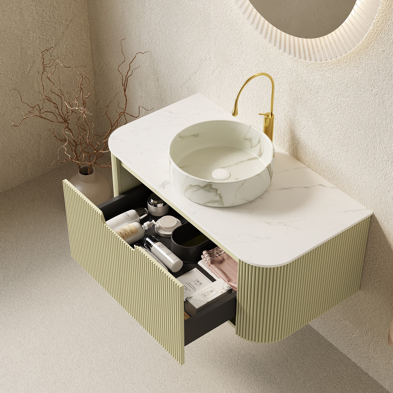 36″ Bathroom Vanity with Sink, Matte Stone Basin, Dark Green Cabinet, Soft Close