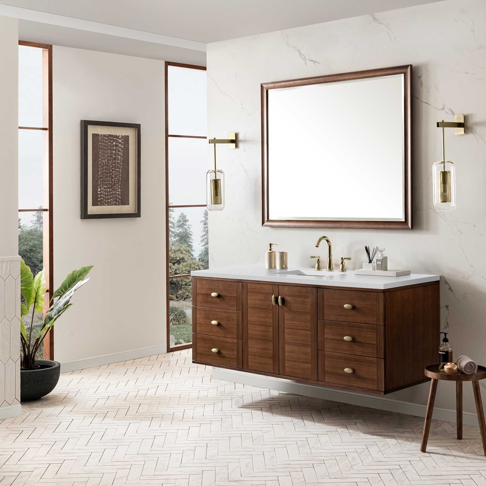 James Martin Vanities 670-V60S-3WZ Amberly 60″ Single Basin – Mid-Century Walnut