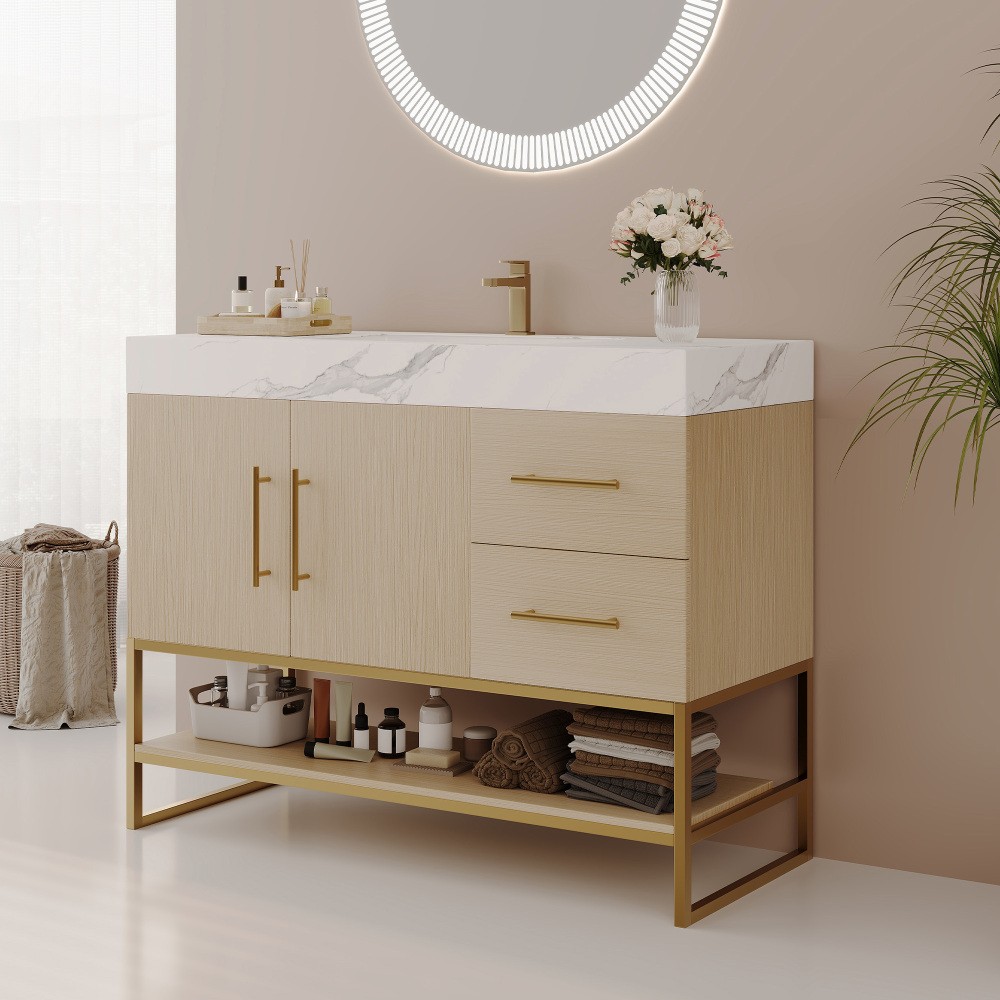 36″ Free-Standing Bathroom Vanity w/Seamless Ceramic Sink & Sintered Stone Top