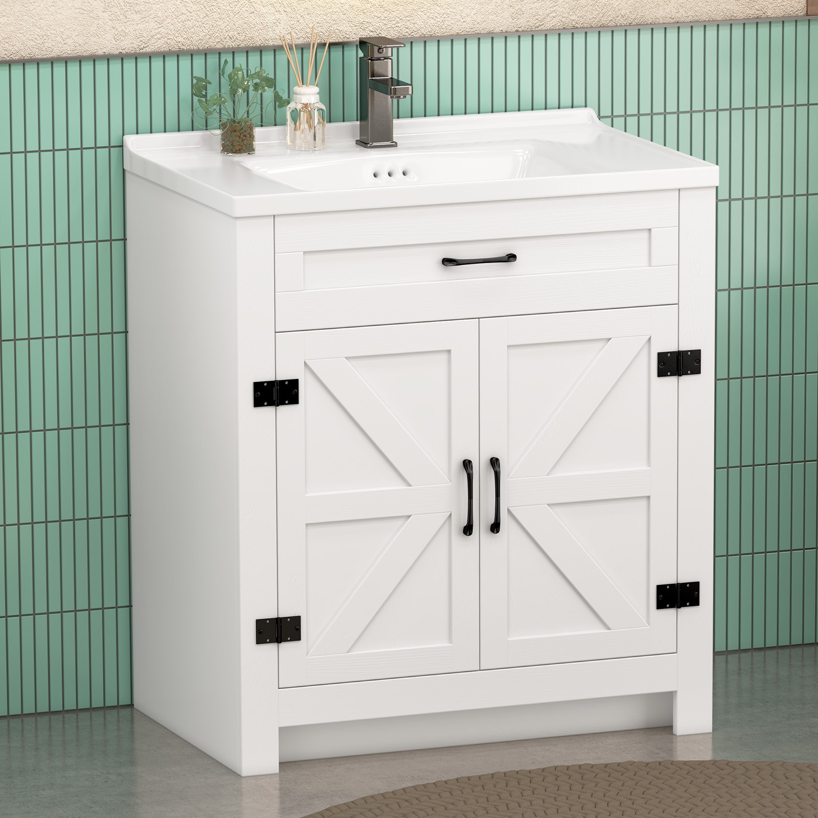23″ Freestanding Bathroom Vanity Laundry Cabinet w/ Ceramic Sink Combo, White