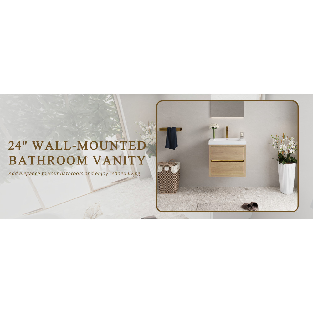 24in Oak Wall Vanity Pre-Assembled with Sink, Soft Close Drawers