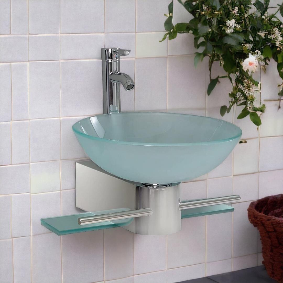 Bathroom Vanity Wall Mounted Pedestal Frosted Glass Bowl Vessel Sink combo