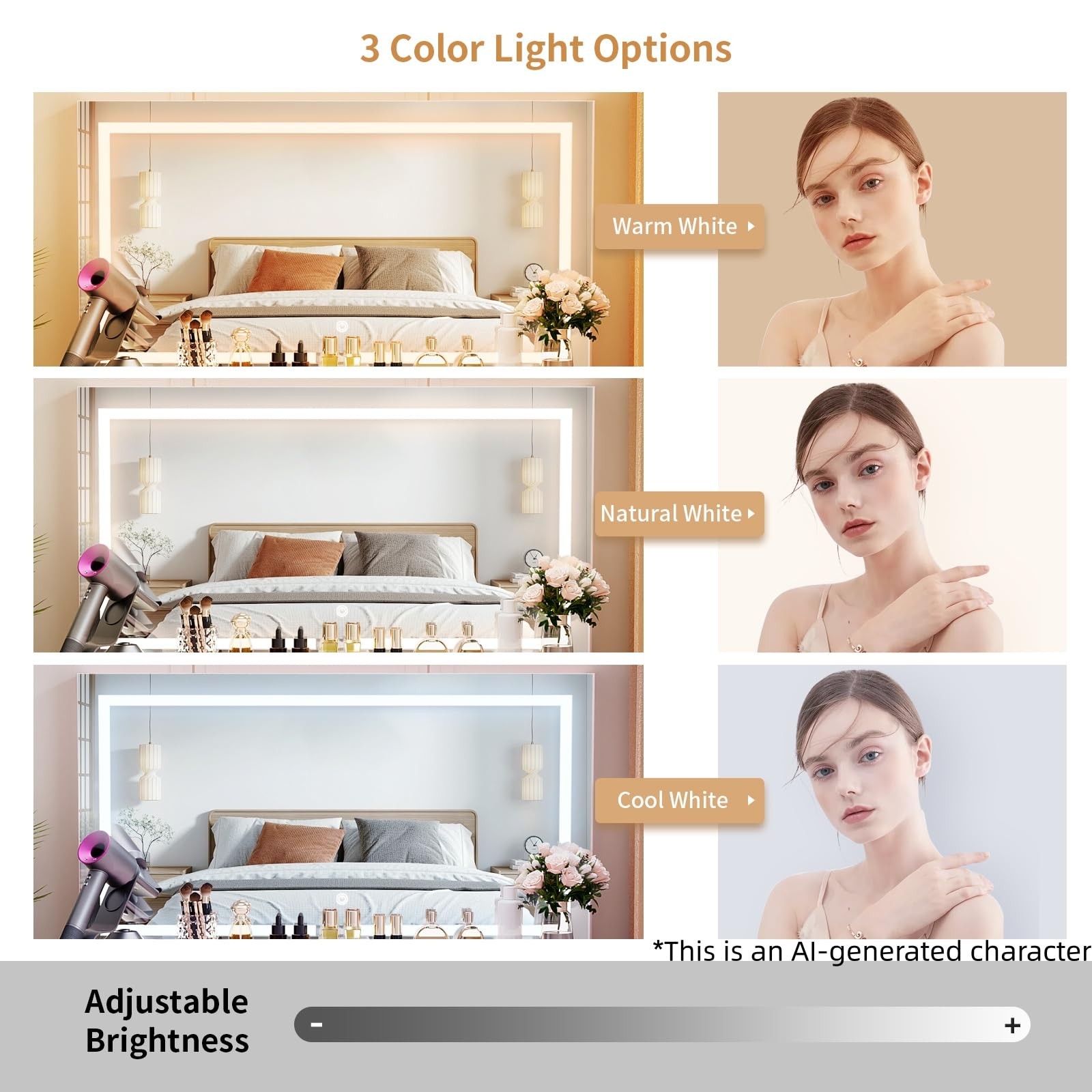 Vanity Lighted Mirror Power Outlet 9 Drawers 3 Color Lighting 43 Pink