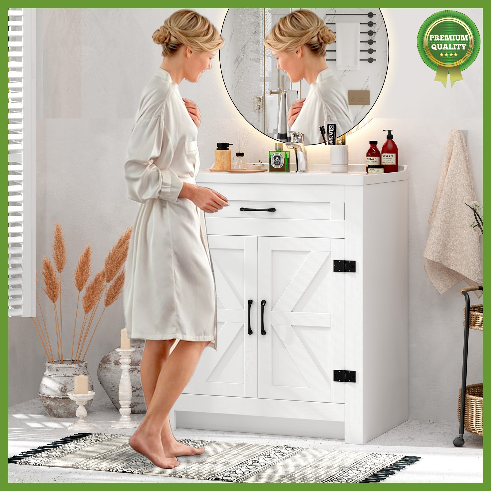 31” White Wood Bathroom Vanity Combo with Drop in Ceramic Sink Storage Cabinet