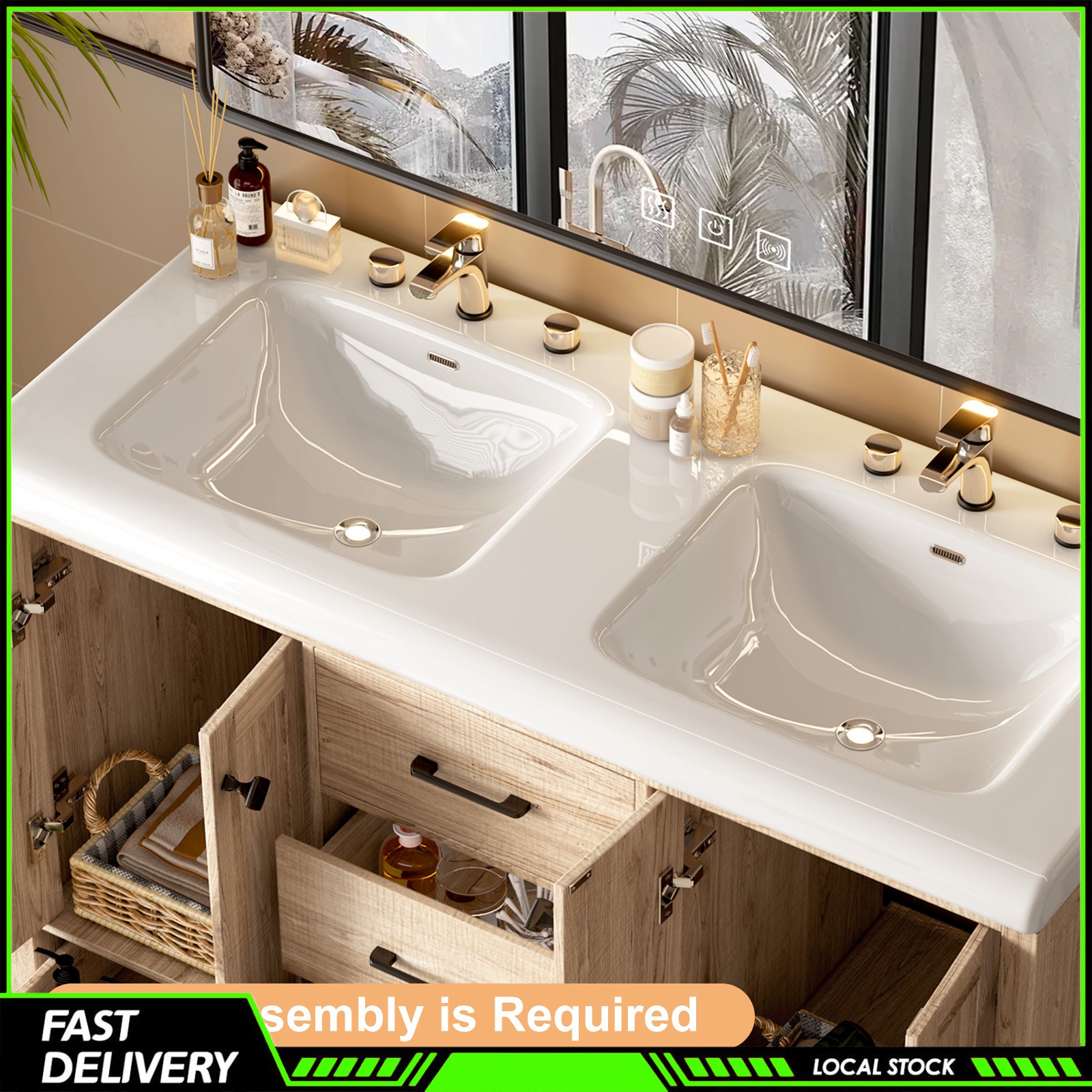 Bathroom Vanity 47 Inch Double Ceramic Sinks Combo Storage Doors and Drawers