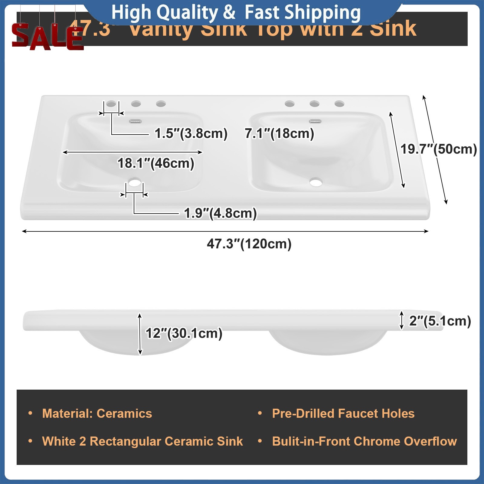 47″ Bathroom Vanity Cabinet with Double Sink Freestanding Storage Cabinet