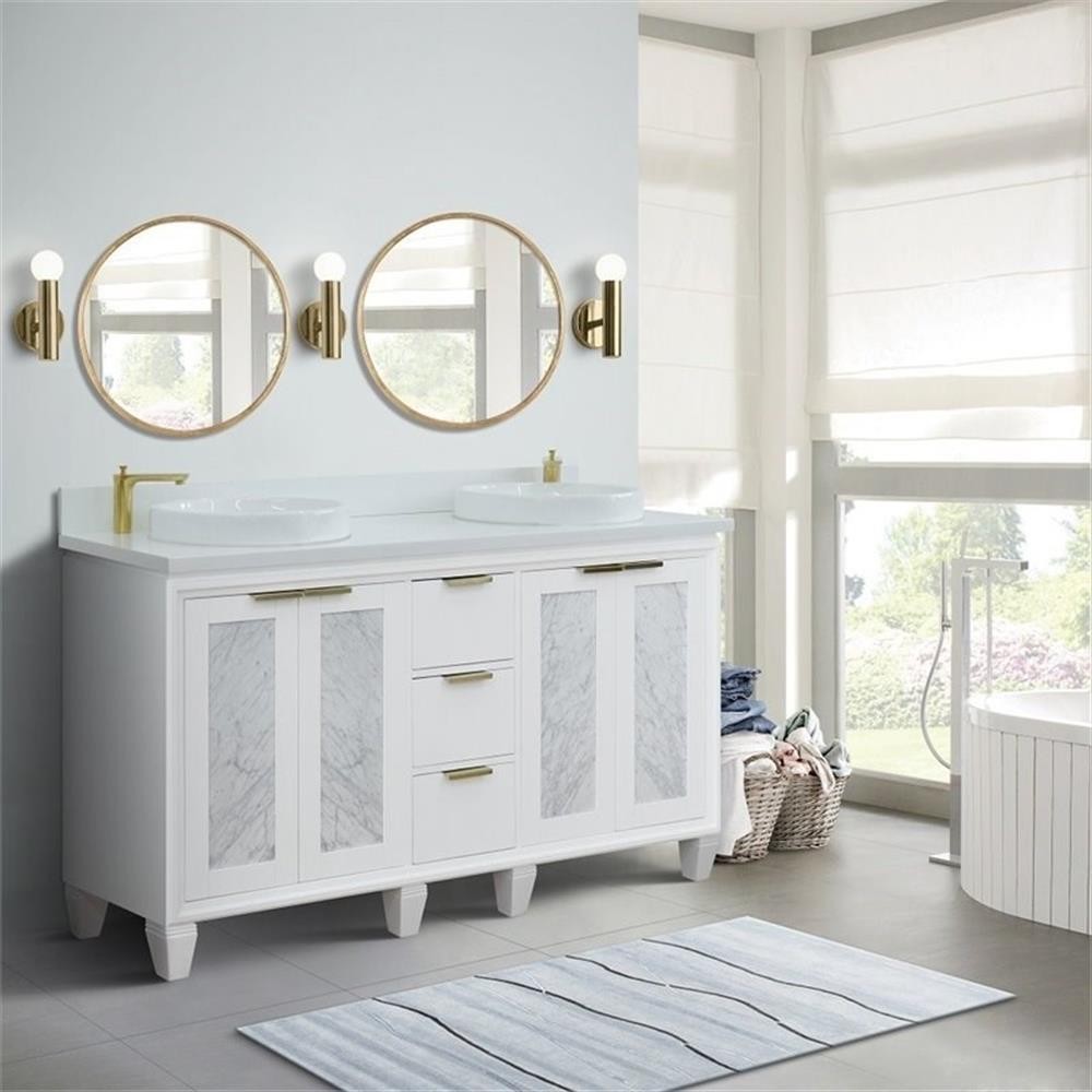 Pemberly Row 61″ Double Round Sink Solid Wood Vanity in White/White Quartz Stone