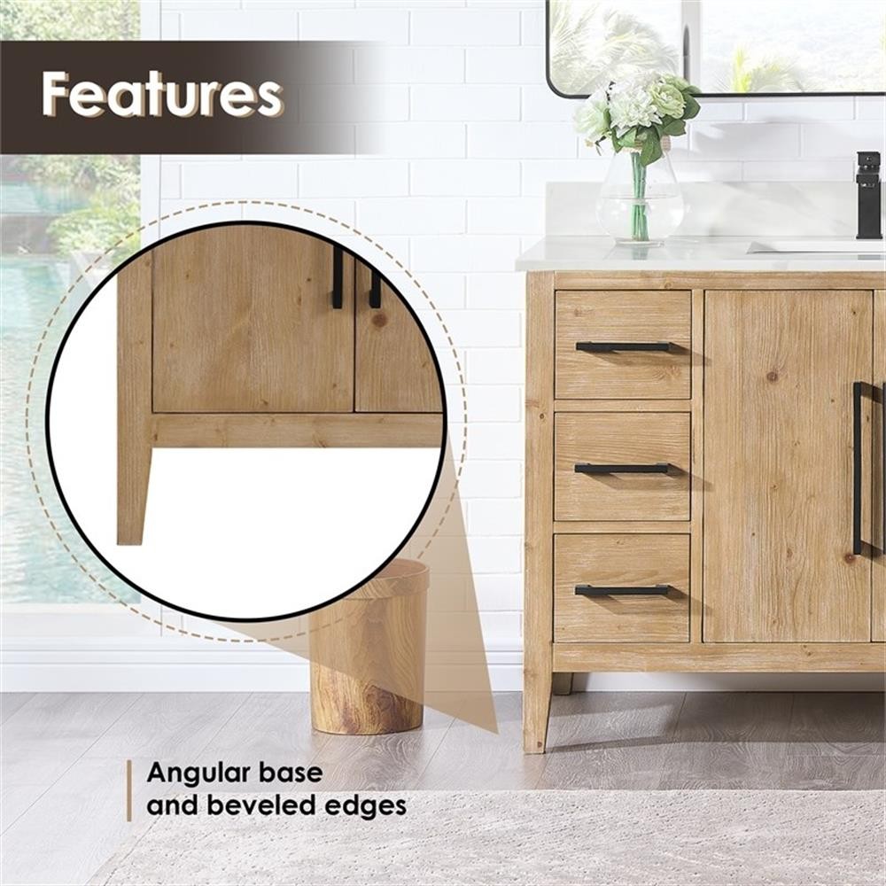 Laurel 48″ Wood Vanity in Weathered Fir Calacatta White Quartz Top with Mirror