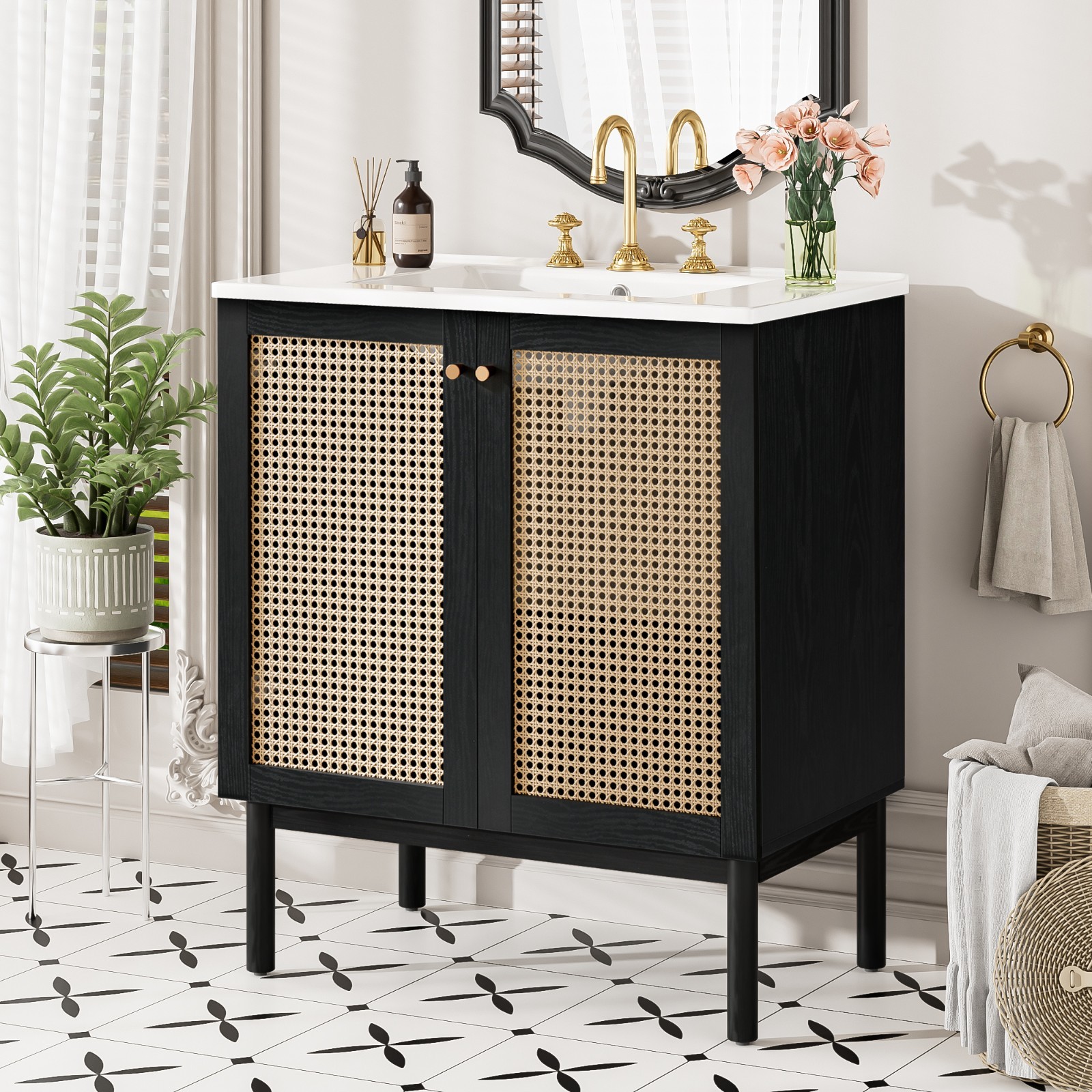 30″ Bathroom Vanity w/ Sink, Freestanding Vanity Storage Cabinet, 2 Rattan Doors