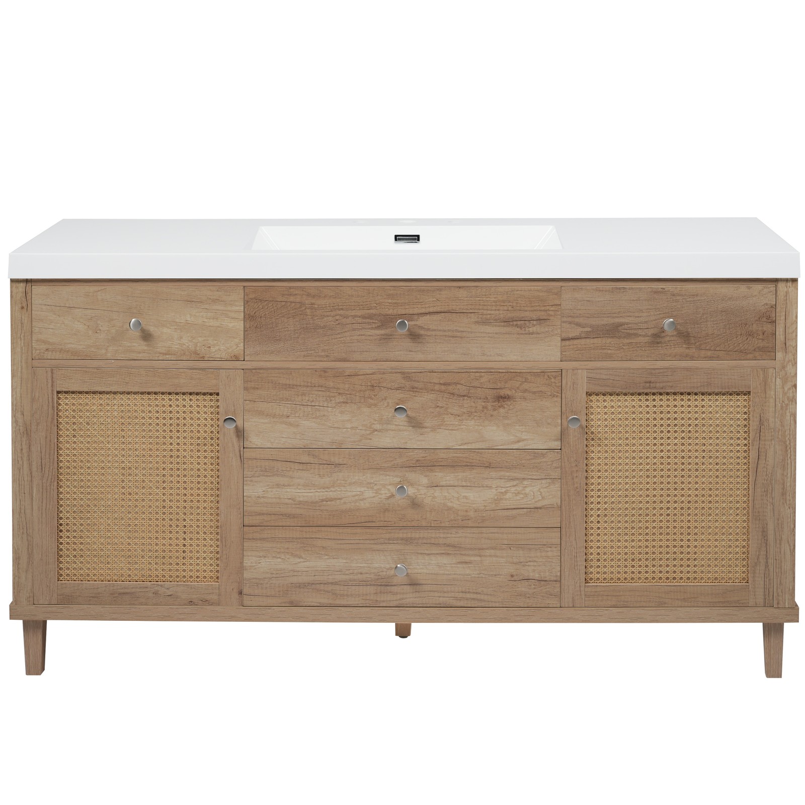 60″ Wooden Bathroom Vanity Cabinet with SMC Sink Storage Drawers Rattan Doors