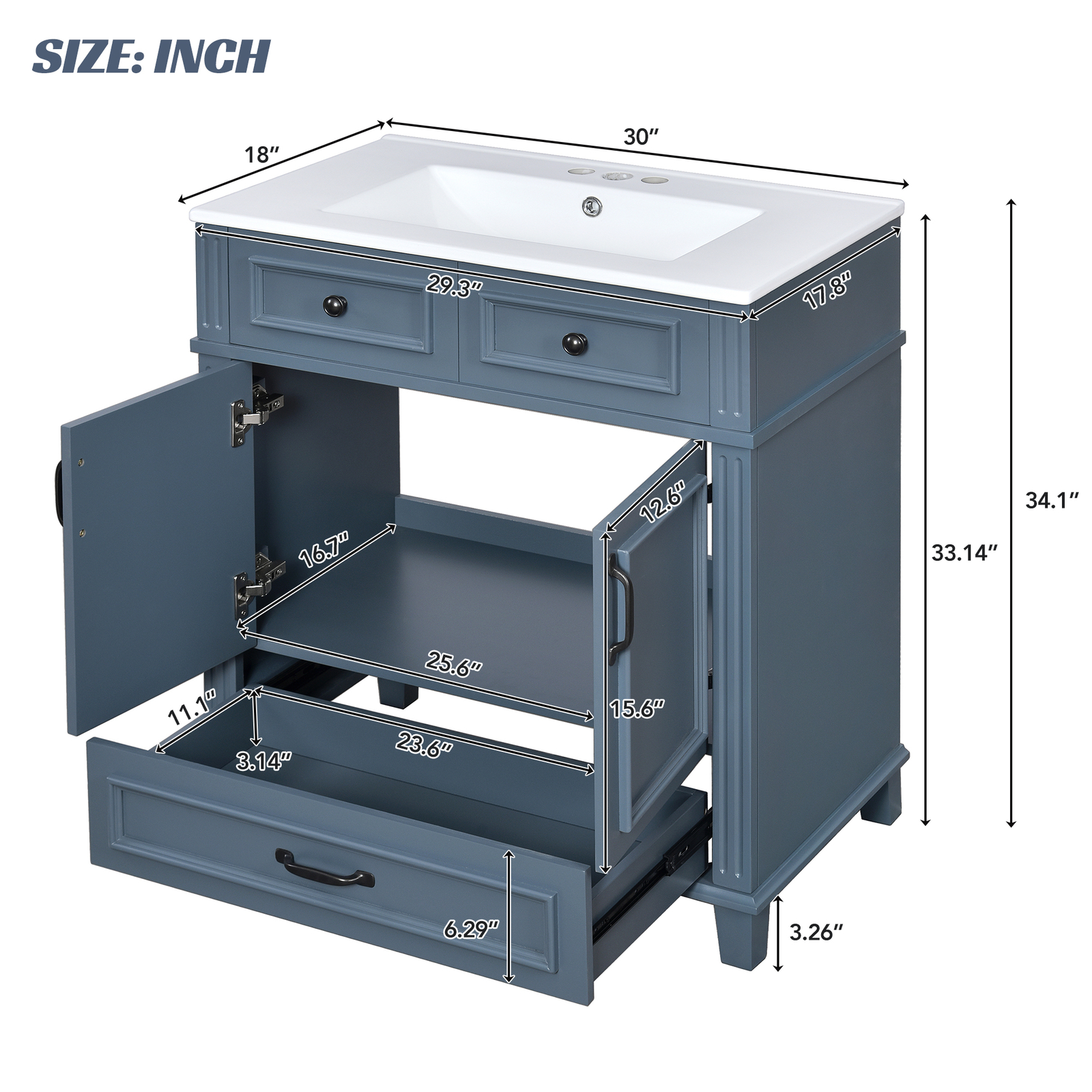 30” Bathroom Vanity with Ceramic Sink,Solid Wood Frame Bathroom Storage Cabinet
