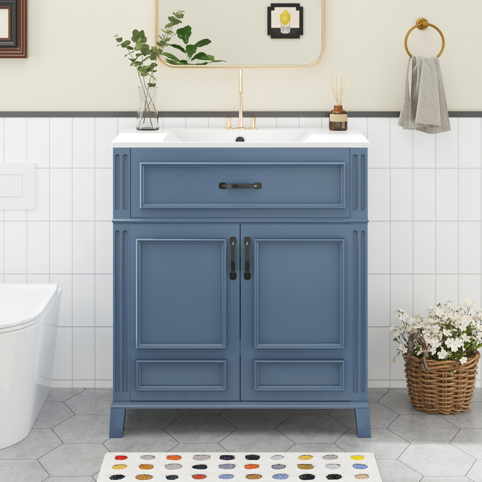 30” Bathroom Vanity with Ceramic Sink,Solid Wood Frame Bathroom Storage Cabinet