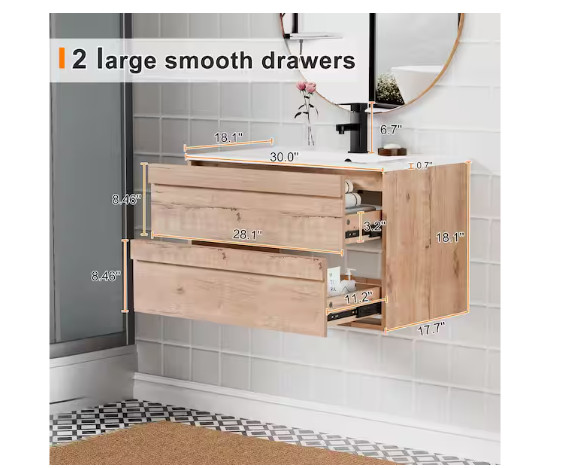 eclife 30″ Floating Oak Single Sink Bath Vanity White Resin Top Faucet Set