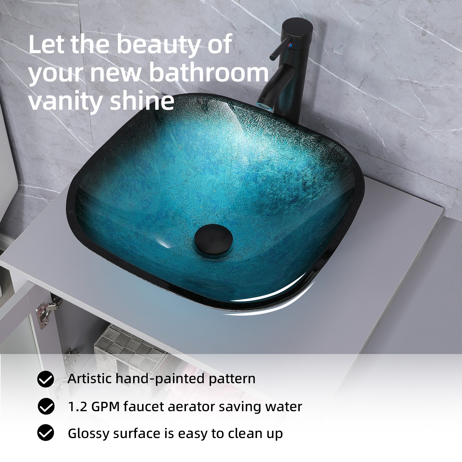 36″ Bathroom Vanity Set Gray Tempered Glass Vessel Sink Faucet Combo No Mirror