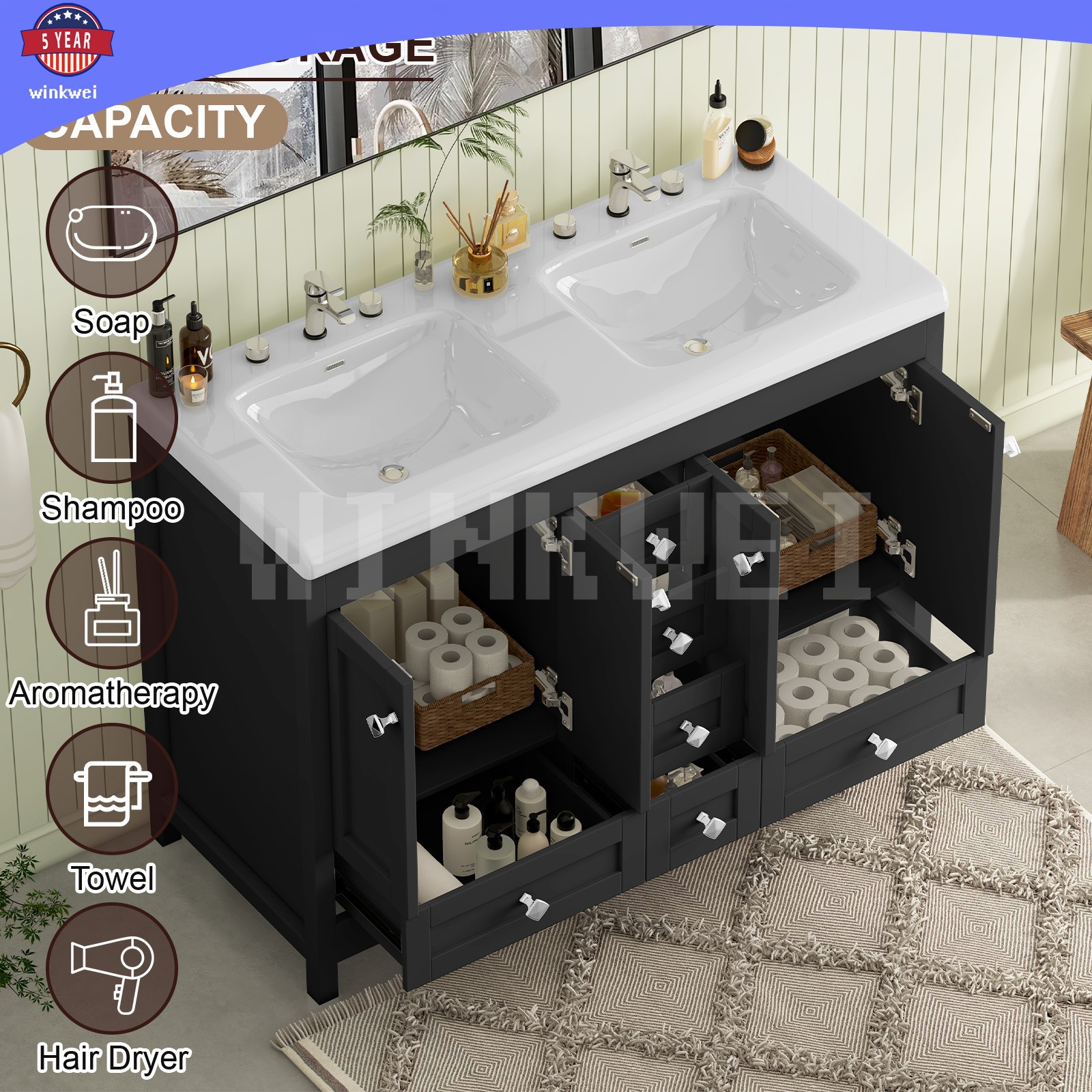 47.3″ Bathroom Vanity Cabinet w/ Double Ceramic Sinks ,2 Doors, 6 Drawers Black