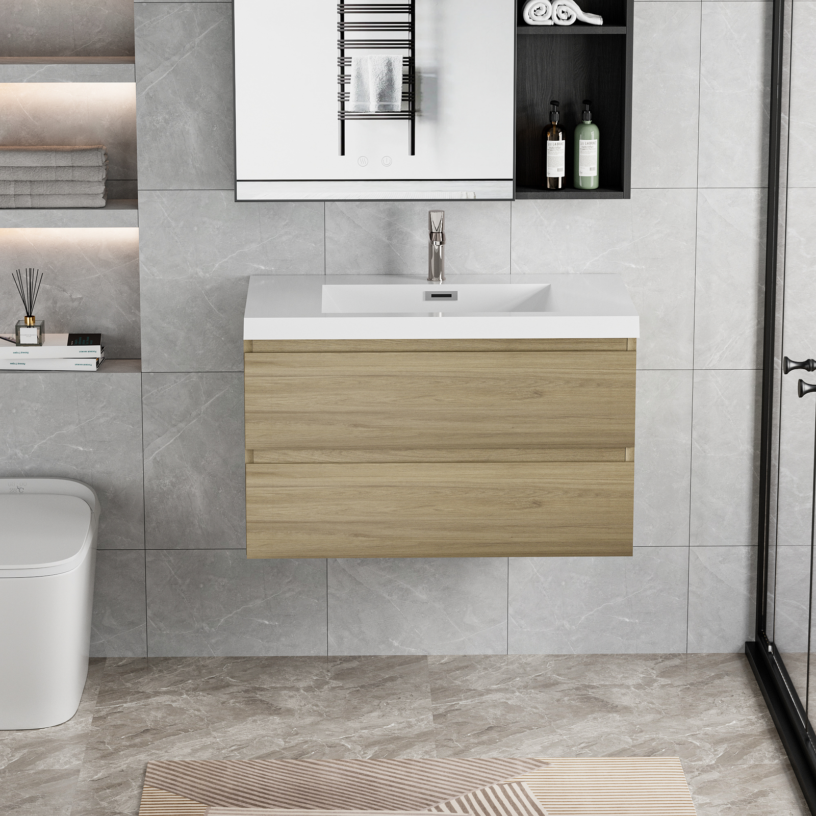 36″ Floating Wall-Mounted Bathroom Vanity with Resin Sink Top Basin 2Drawers Oak
