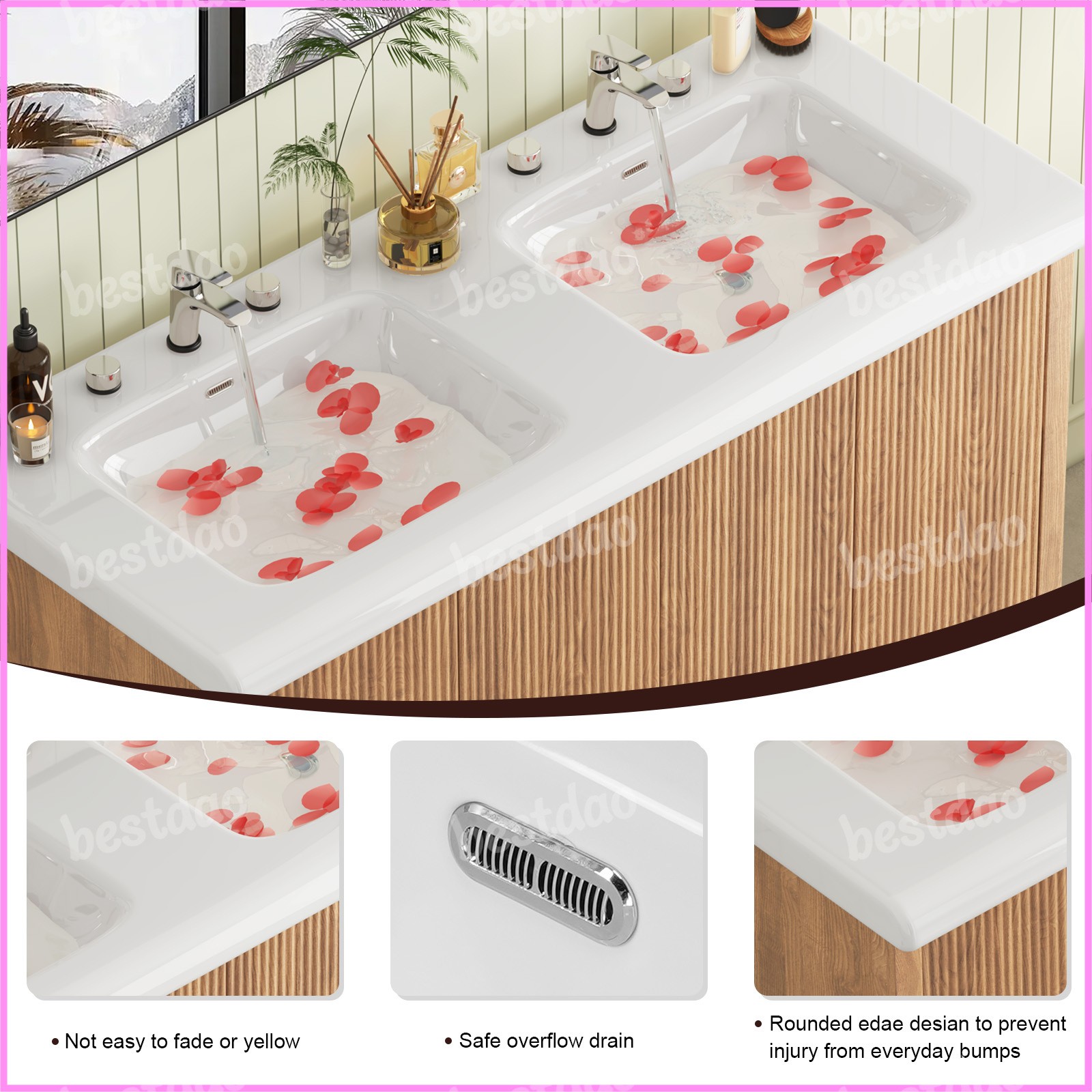 47″ Double Sink Bathroom Vanity Wood Grain Modern 2 Basin Storage Cabinet