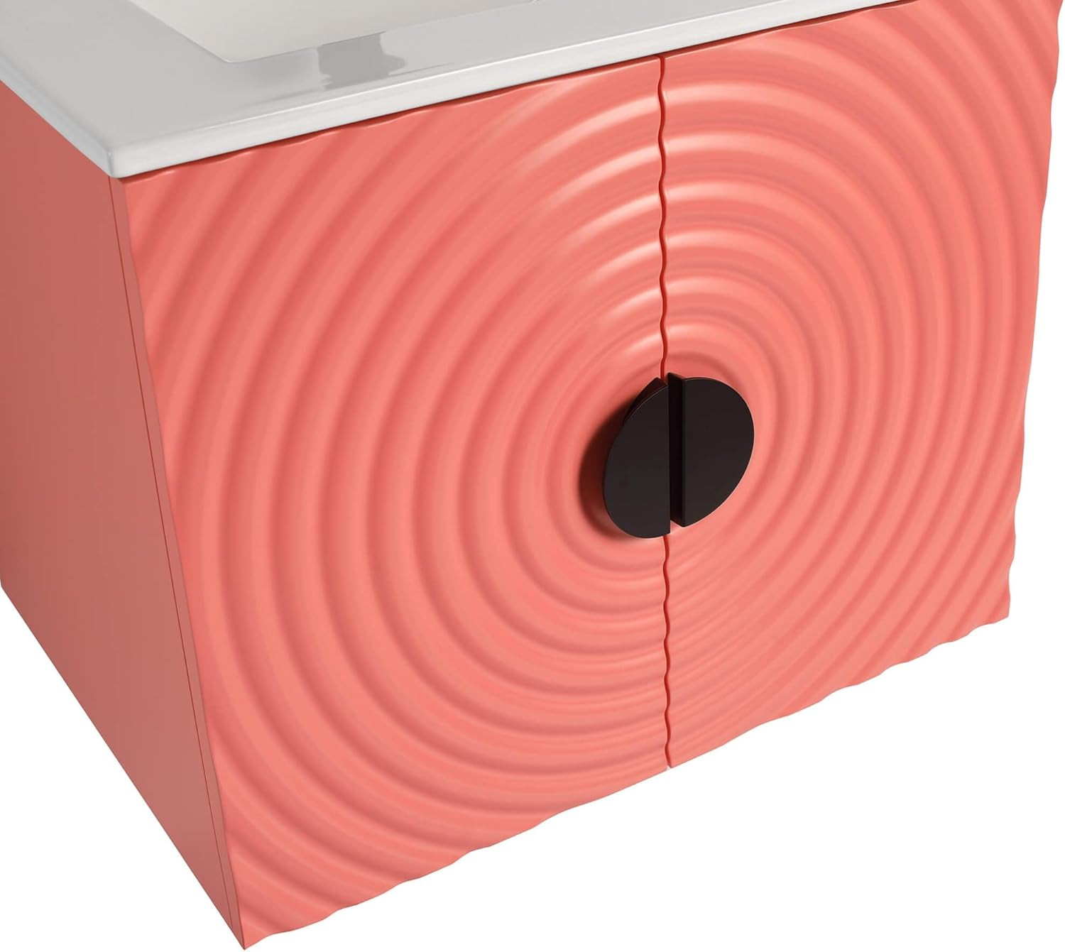 Coral Pink 24″ Floating Bathroom Vanity with Sink & Stylish Fluted Doors