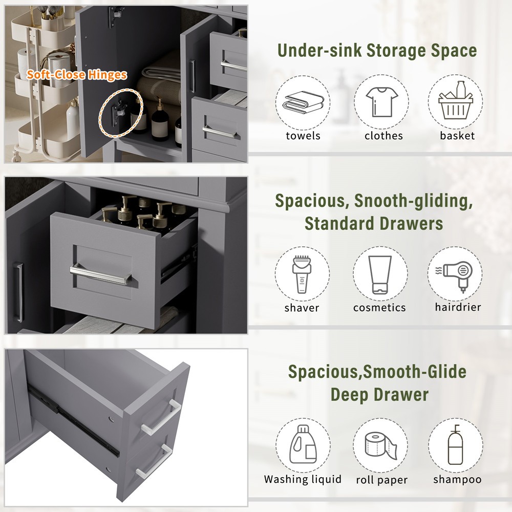 30″ Bathroom Vanity w/Sink, Freestanding Vanity Storage Cabinet, 2 Drawers,Doors