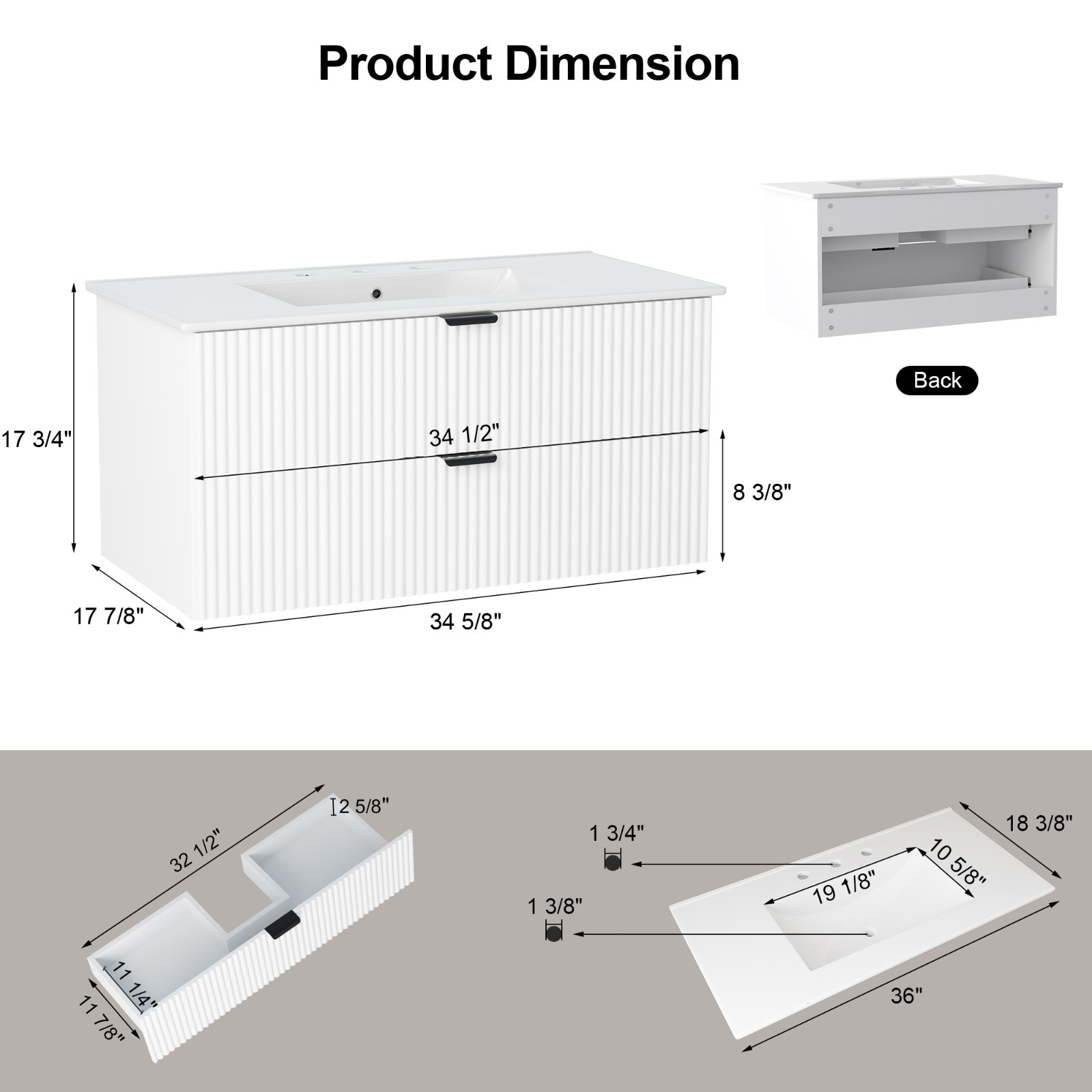 36″ 30″ 24″ Wall Mounted Bathroom Vanity Cabinet with Ceramic Sink Combo White