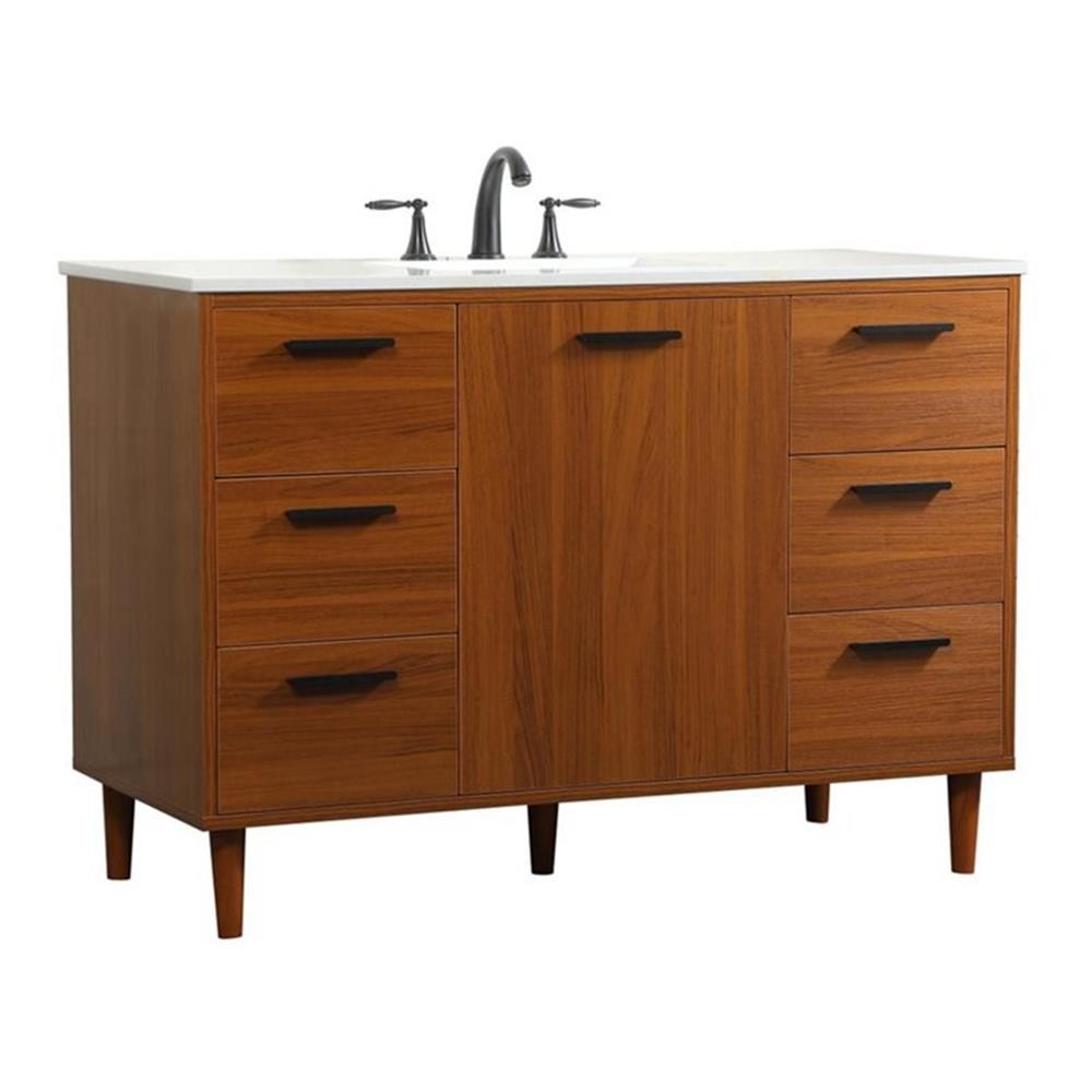 Pemberly Row Modern 48″ Solid Wood and MDF Bathroom Vanity in Teak