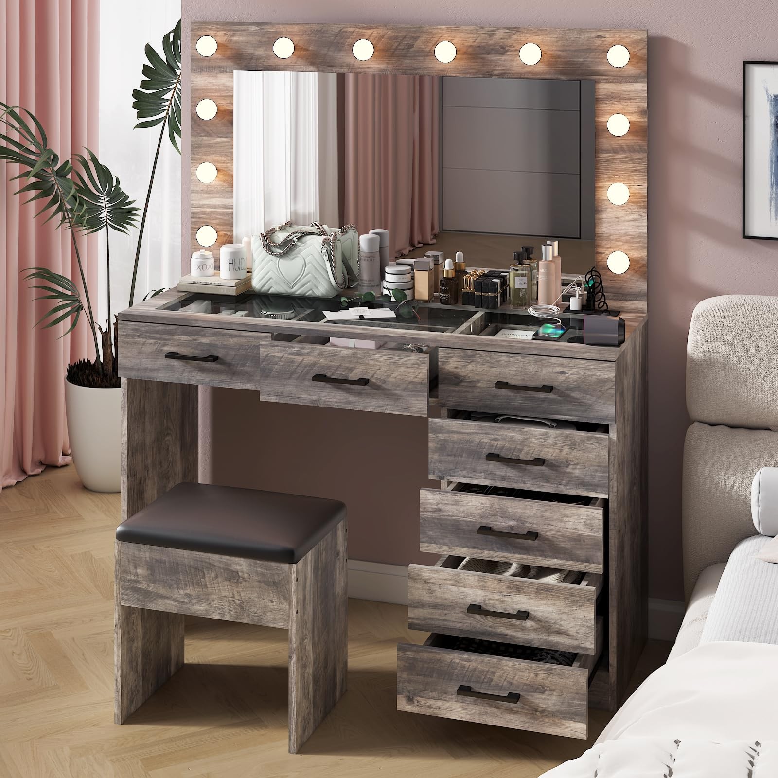 Vanity Desk Mirror 3 Color Lights Charging 7 Drawer Glass Top Stool Grey