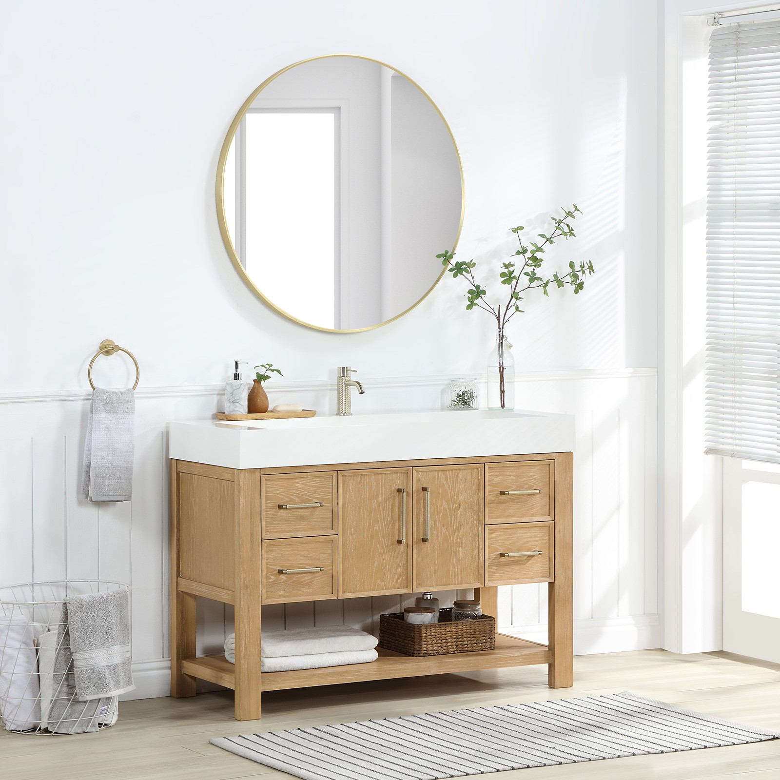 Vera 48″ Single Bath Vanity in Washed Ash Grey w/ White Integrated Sink & Mirror