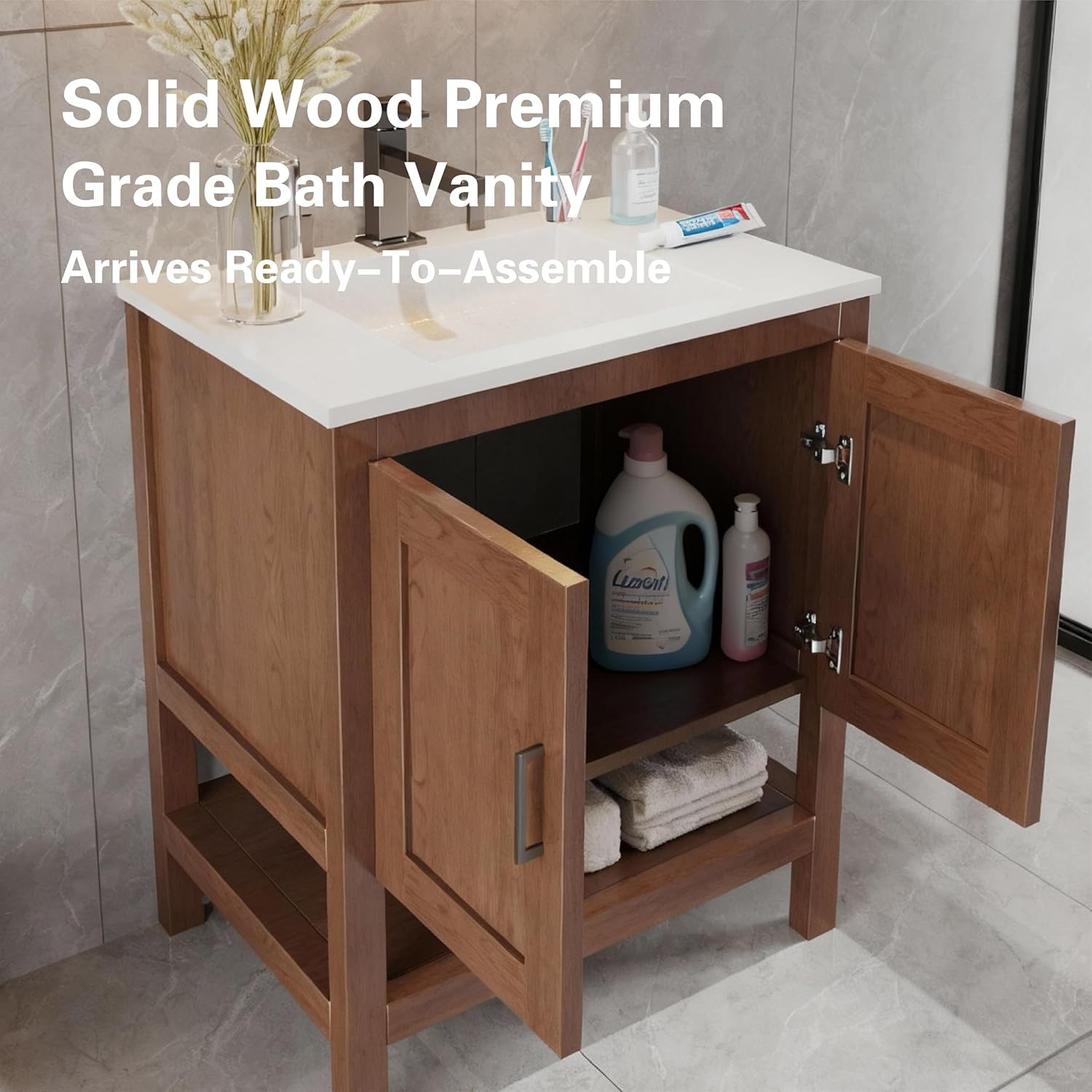 24″ Natural Wood Bathroom Vanity Base Only – Freestanding Solid Wood Sink