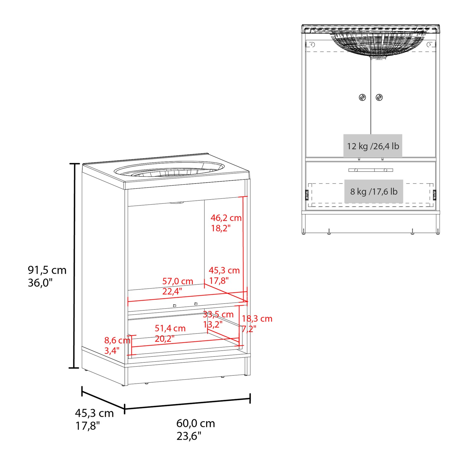 60″ Bathroom Vanity with Two Doors & Three Drawers White